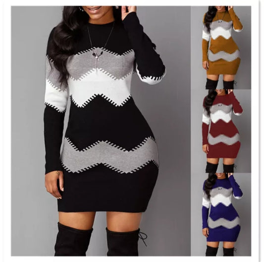 Knitted Wave Stripe Sweater Dress